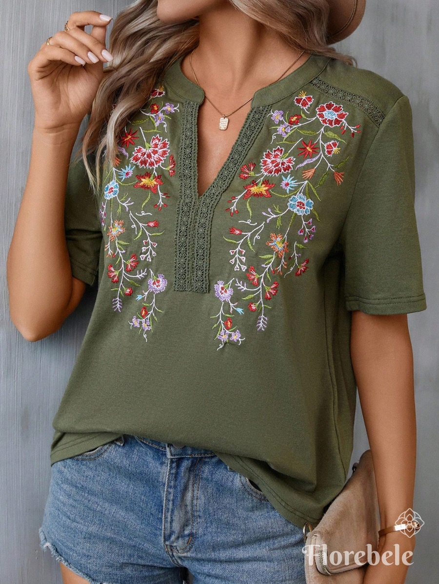 BLUSA CON BORDADO Y CUELLO DE MUESCA