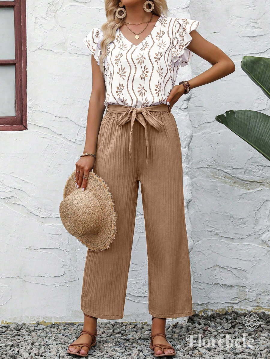 CONJUNTO CON LAZO Y BLUSA ESTAMPADA