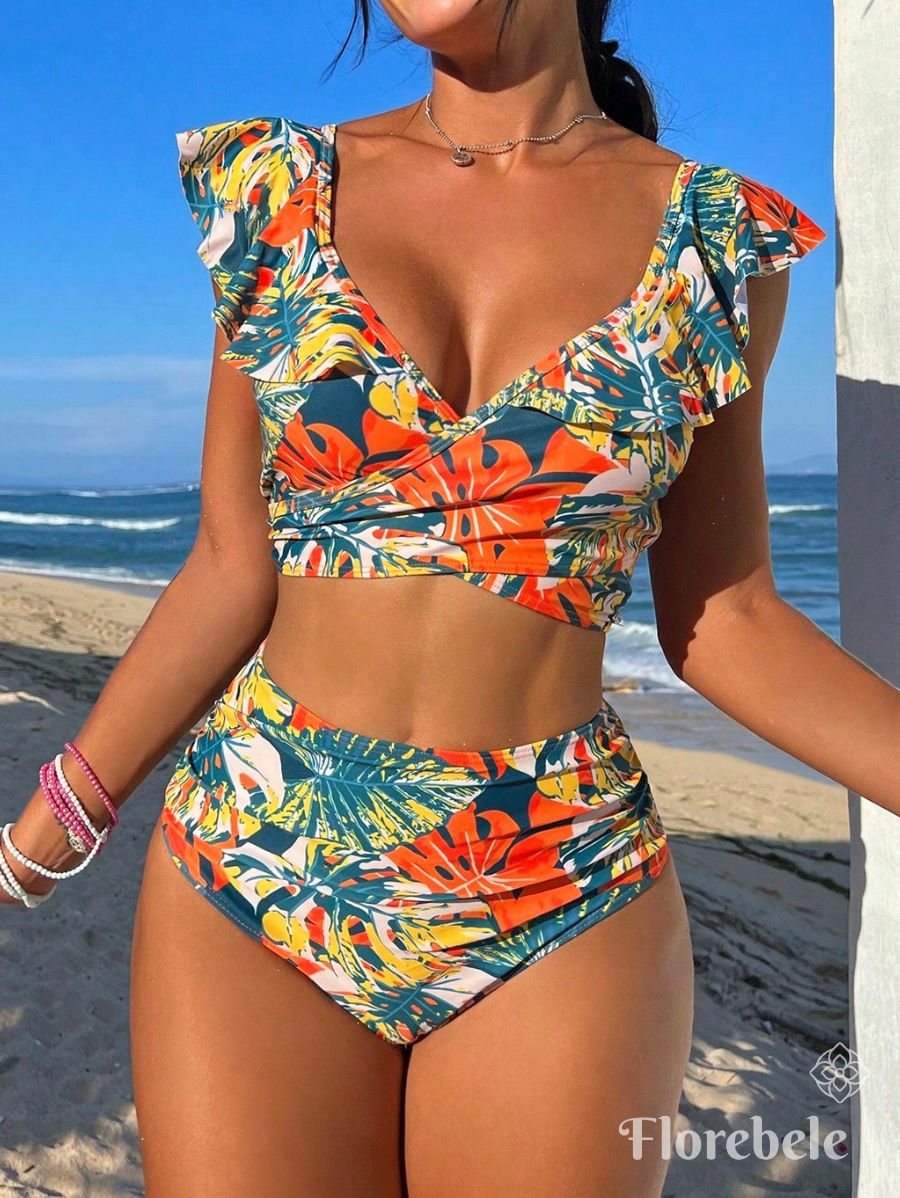 BIKINI CON VOLANTES Y ESTAMPADO TROPICAL Bikini 43 Florebele Anaranjado S