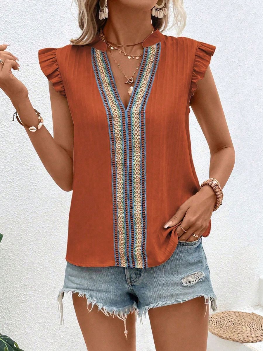 BLUSA CON ESCOTE EN V Y VOLANTES Blusa 43 Florebele Marrón XS