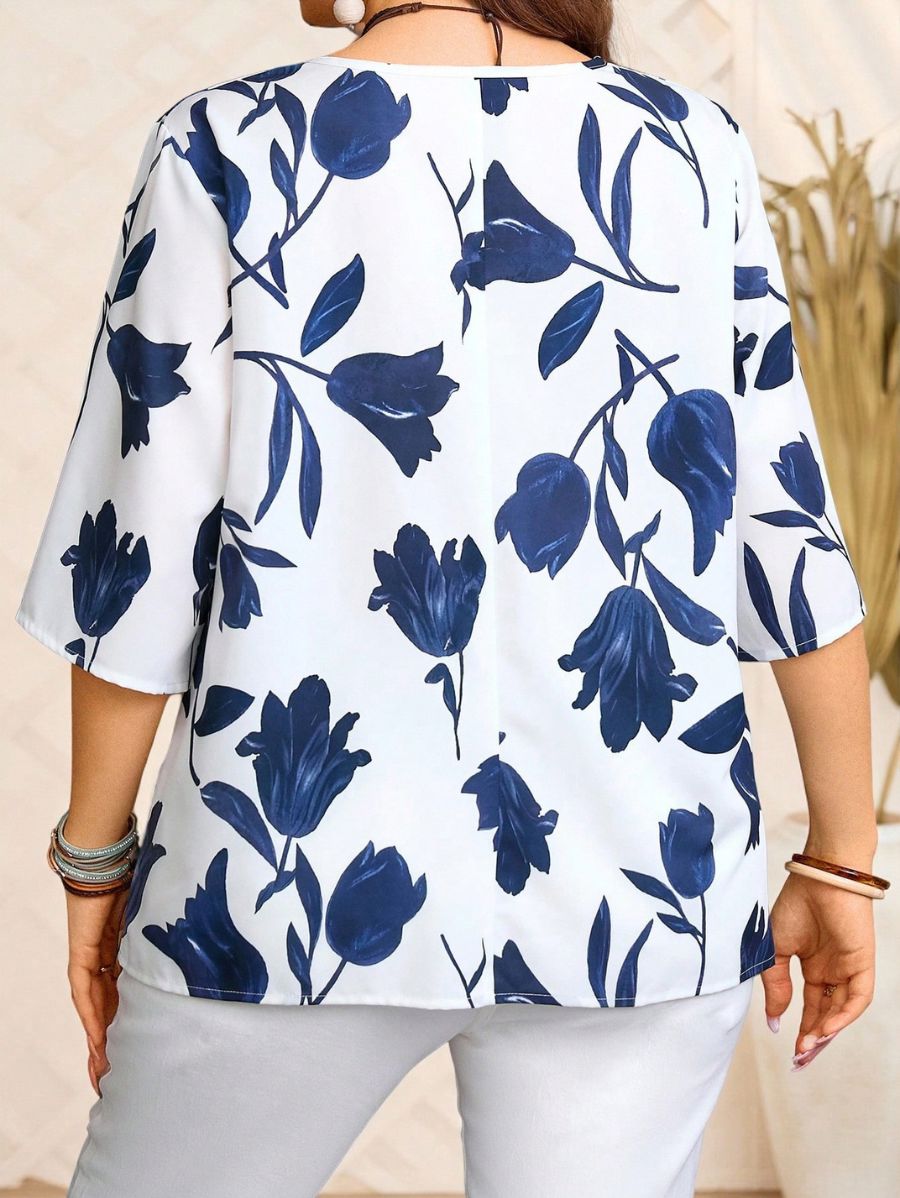 BLUSA CON ESTAMPADO FLORAL Y BOTONES Blusa Plus Size 11 Florebele