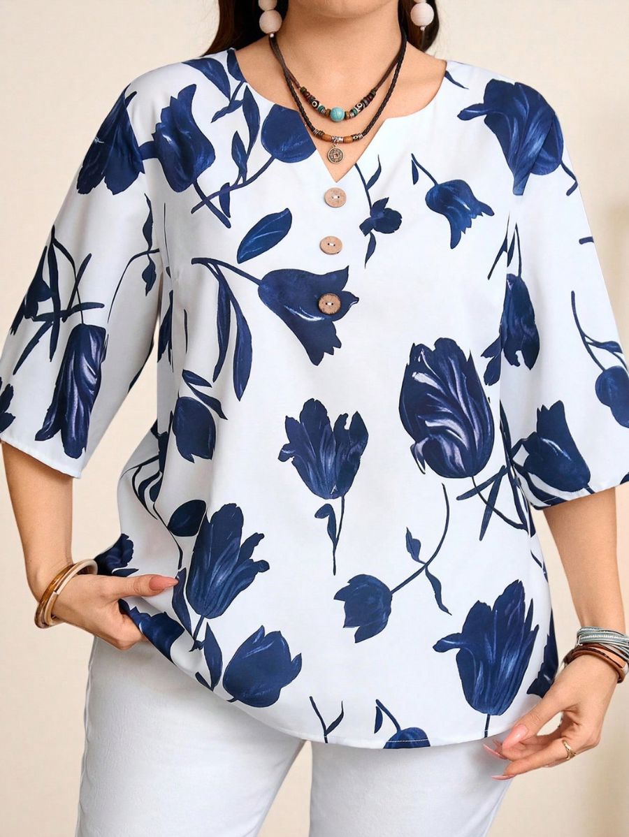 BLUSA CON ESTAMPADO FLORAL Y BOTONES Blusa Plus Size 11 Florebele