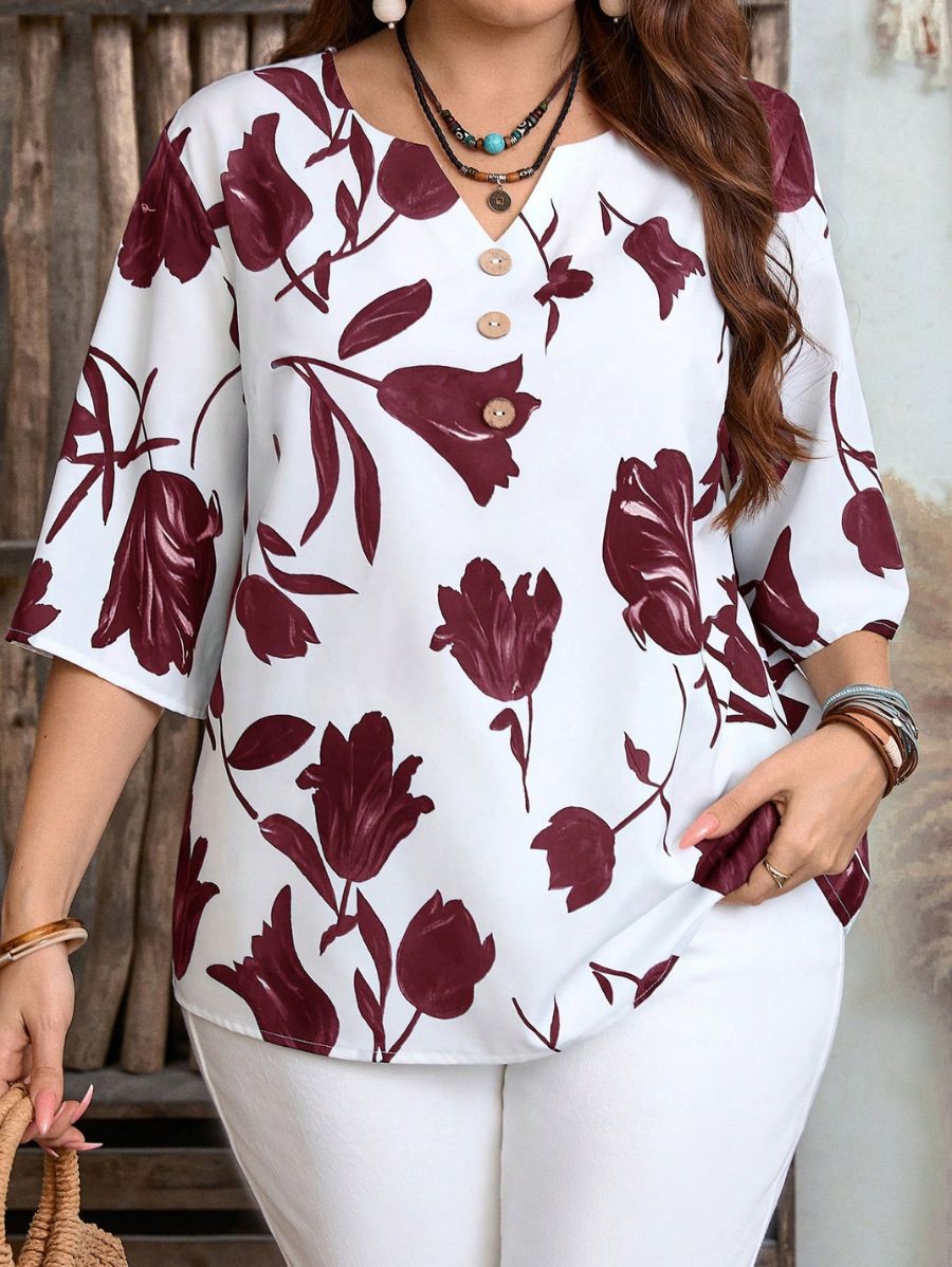 BLUSA CON ESTAMPADO FLORAL Y BOTONES Blusa Plus Size 11 Florebele Bordo 0XL