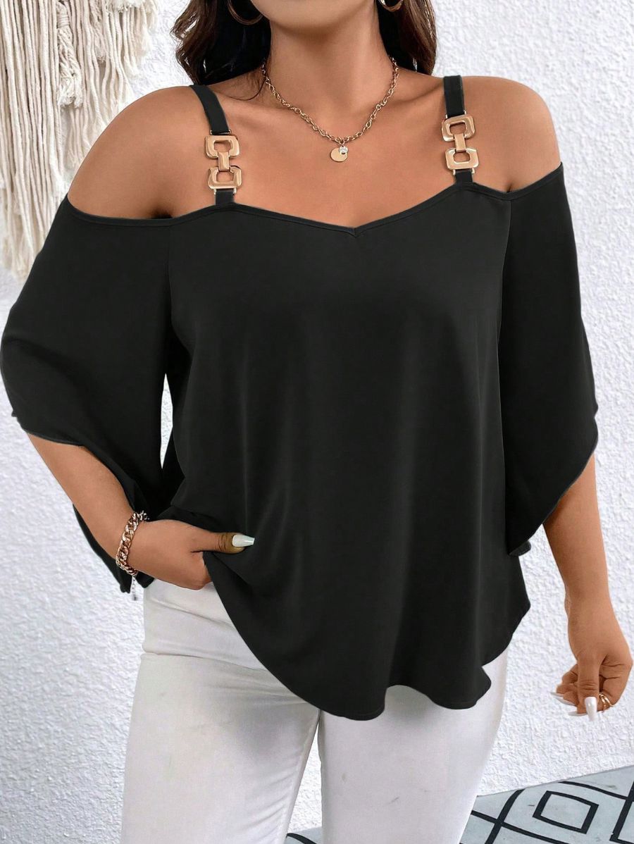 BLUSA CON TIRANTES Y DETALLE DORADO Blusa Plus Size 06 Florebele Negro 0XL