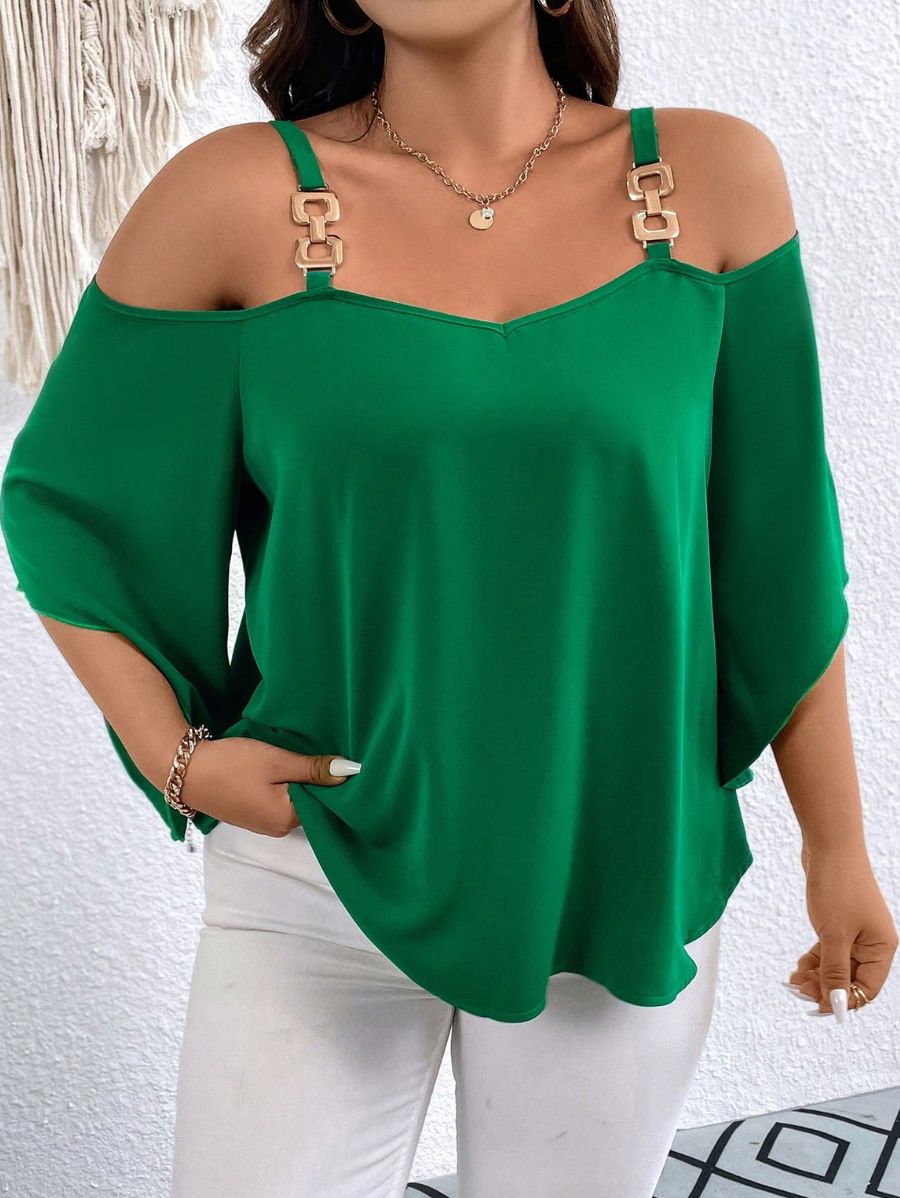 BLUSA CON TIRANTES Y DETALLE DORADO Blusa Plus Size 06 Florebele Verde 0XL