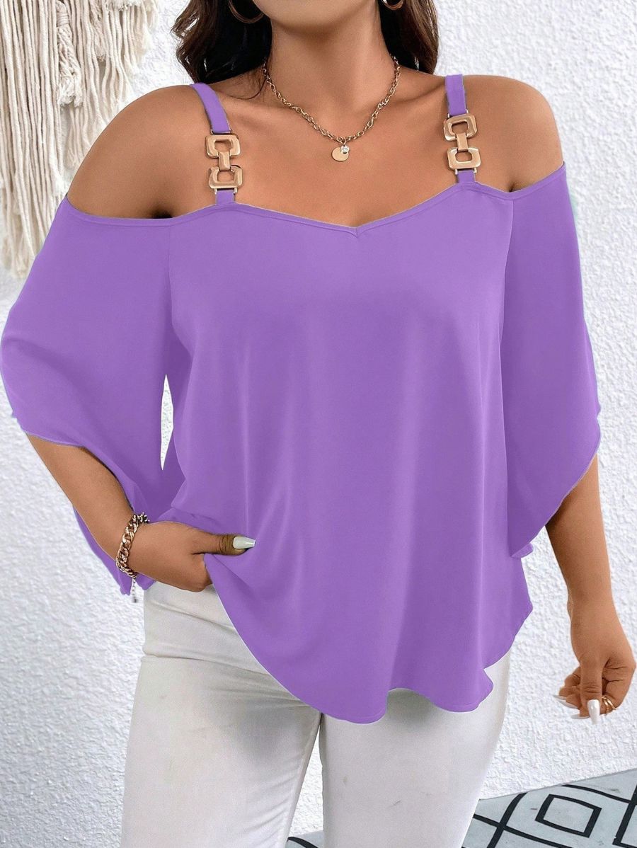 BLUSA CON TIRANTES Y DETALLE DORADO Blusa Plus Size 06 Florebele Violeta 0XL