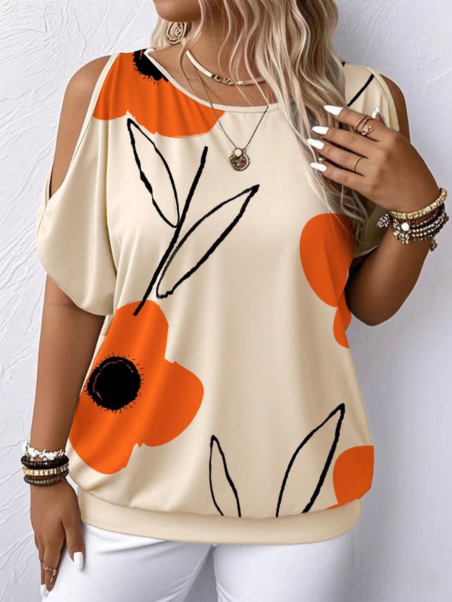 BLUSA ESTAMPADA CON HOMBROS ABIERTOS Blusa Plus Size 08 Florebele