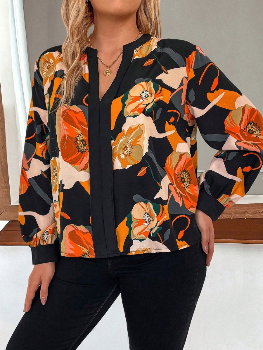 BLUSA MANGA LARGA CON ESTAMPADO FLORAL Blusa Plus Size 03 Florebele