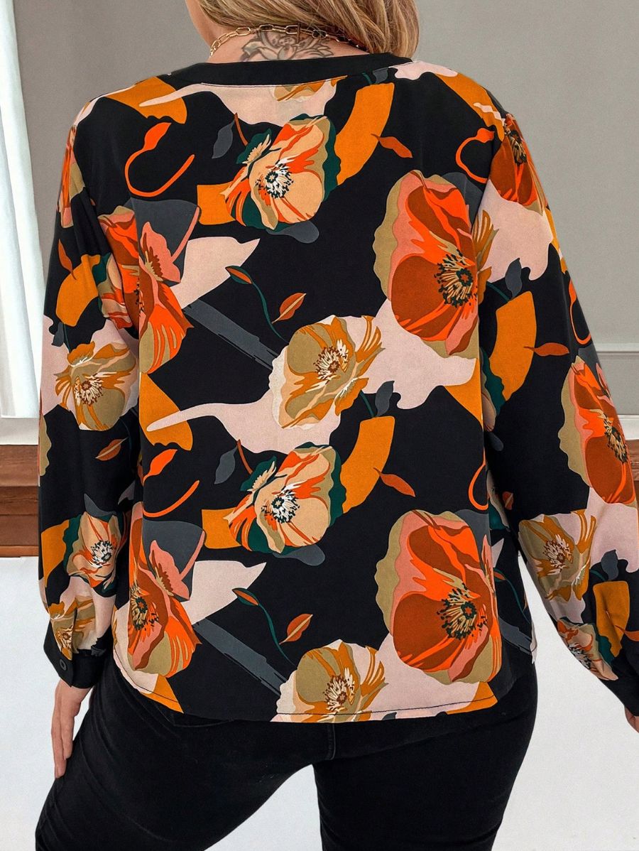 BLUSA MANGA LARGA CON ESTAMPADO FLORAL Blusa Plus Size 03 Florebele