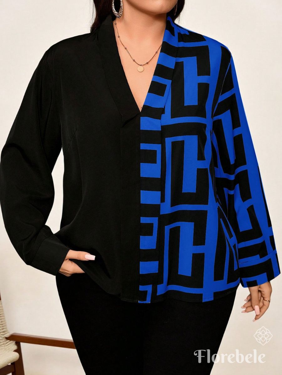 BLUSA MANGA LARGA CON ESTAMPADO GEOMÉTRICO Blusa Plus Size 09 Florebele Azul 0XL