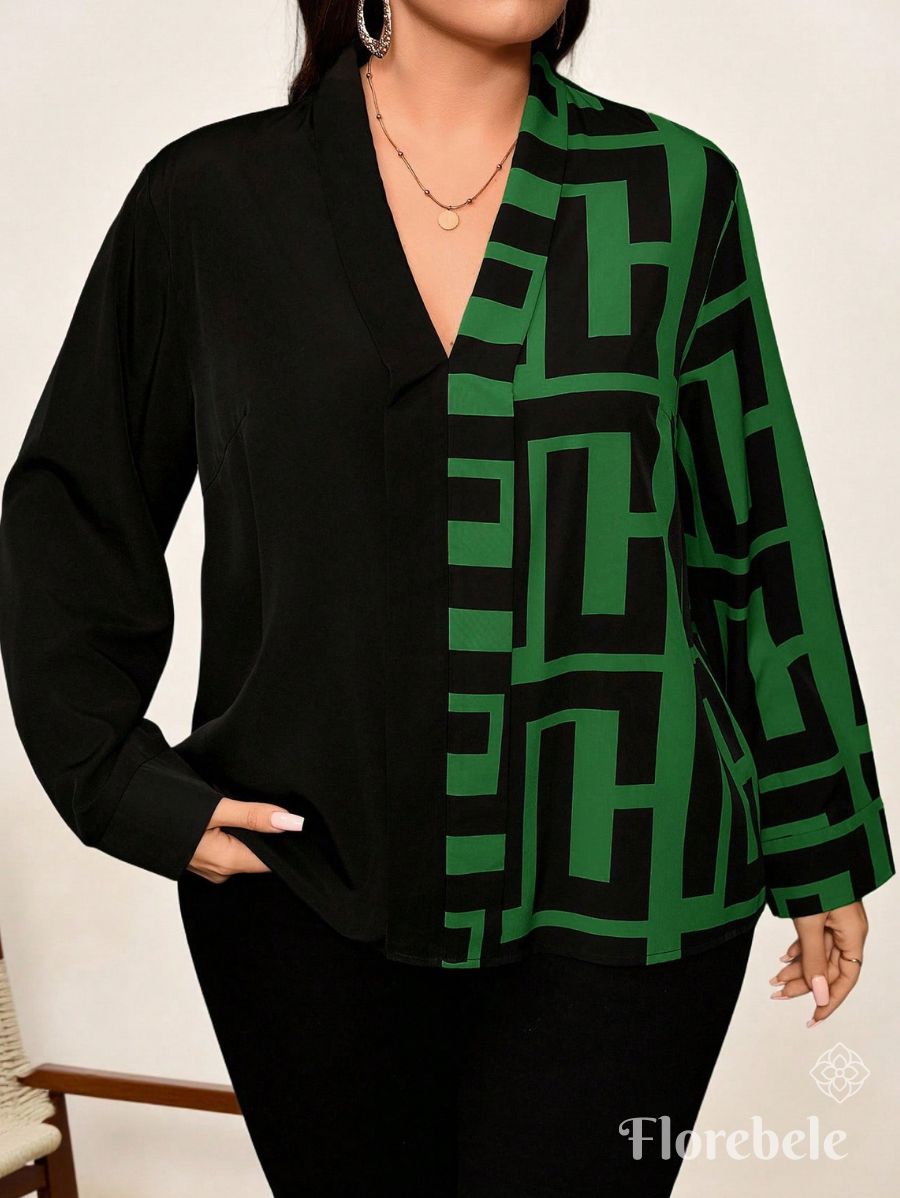 BLUSA MANGA LARGA CON ESTAMPADO GEOMÉTRICO Blusa Plus Size 09 Florebele Verde 0XL