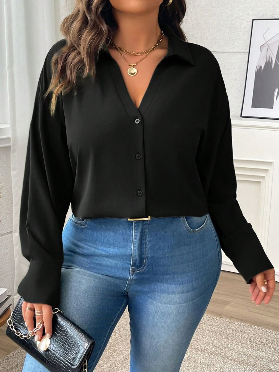 CAMISA CON ESCOTE EN V LISA Camisa Plus Size 10 Florebele Negro 0XL