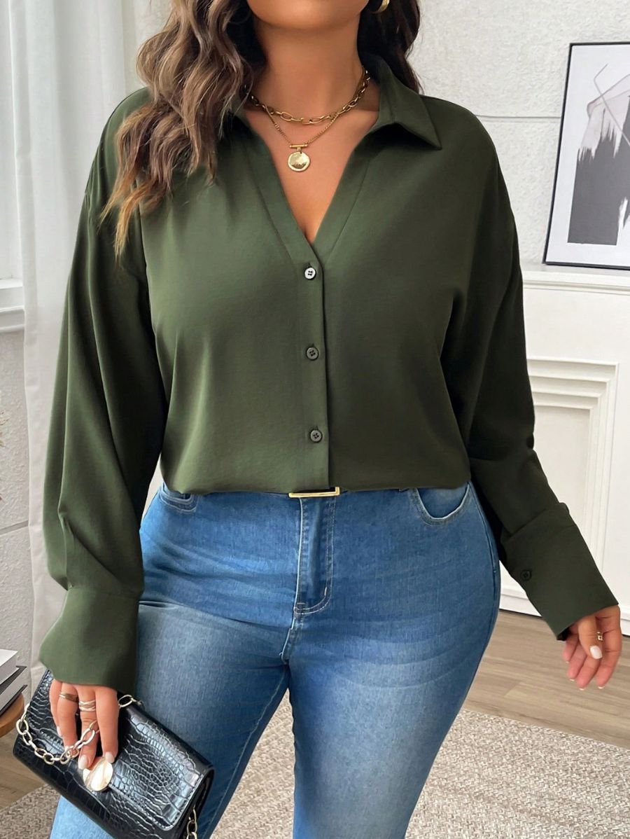 CAMISA CON ESCOTE EN V LISA Camisa Plus Size 10 Florebele Verde 0XL