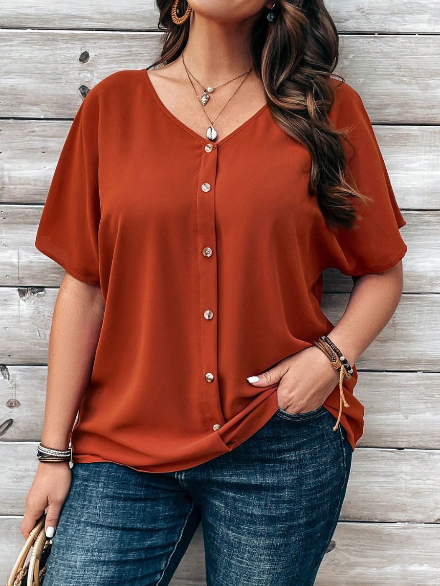 CAMISA CON ESCOTE EN V Y BOTONES Camisa Plus Size 11 Florebele Anaranjado 1XL