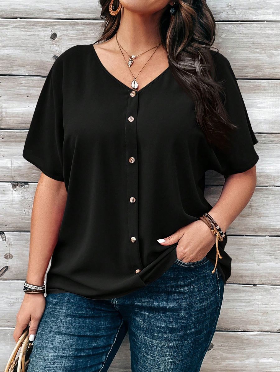 CAMISA CON ESCOTE EN V Y BOTONES Camisa Plus Size 11 Florebele Negro 1XL