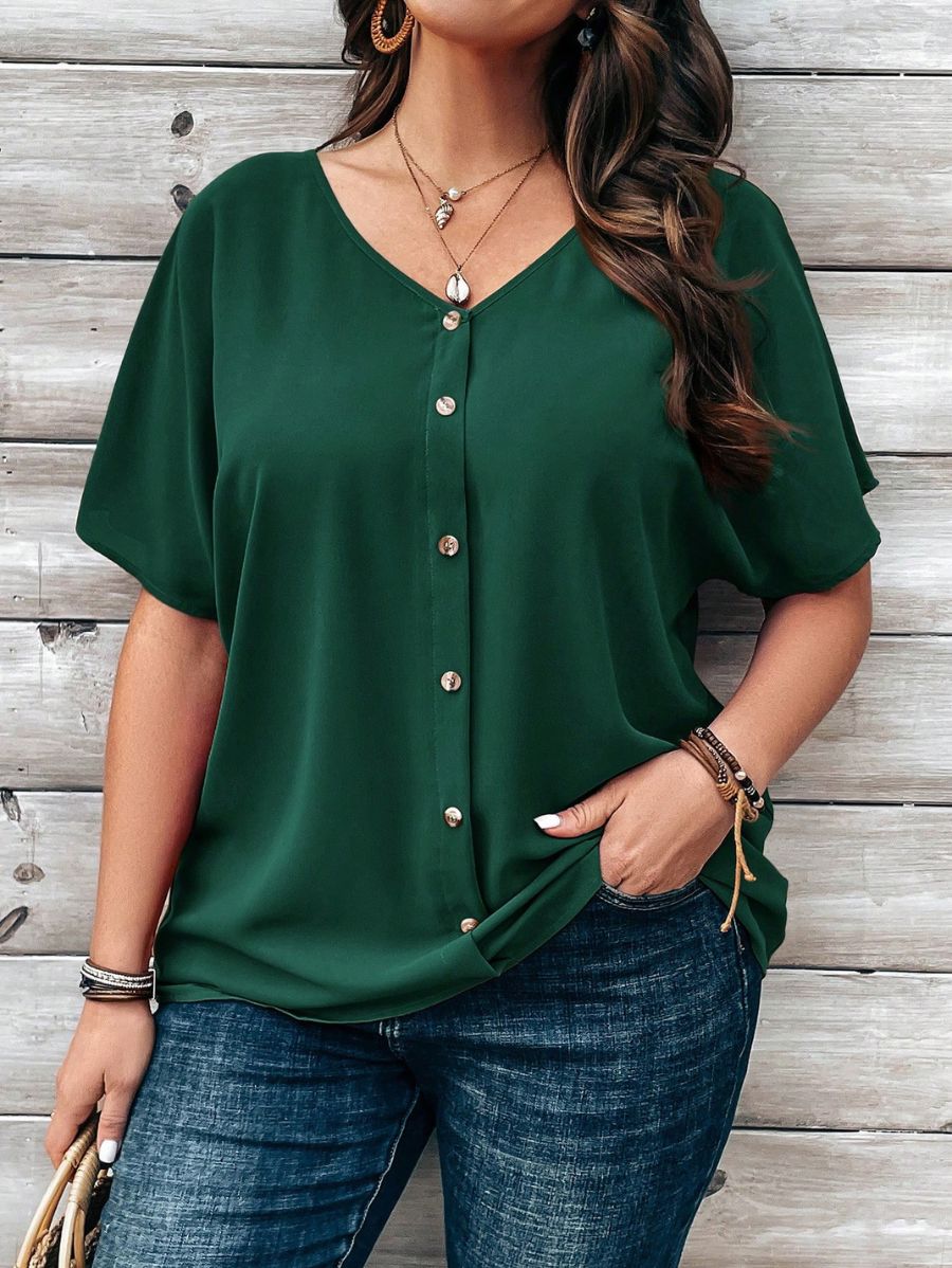 CAMISA CON ESCOTE EN V Y BOTONES Camisa Plus Size 11 Florebele Verde 1XL