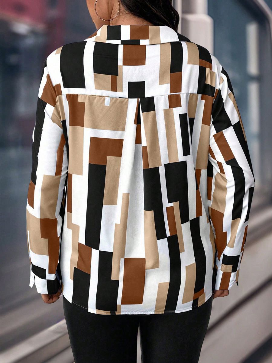 CAMISA CON ESTAMPADO GEOMÉTRICO MANGA LARGA Camisa Plus Size 02 Florebele