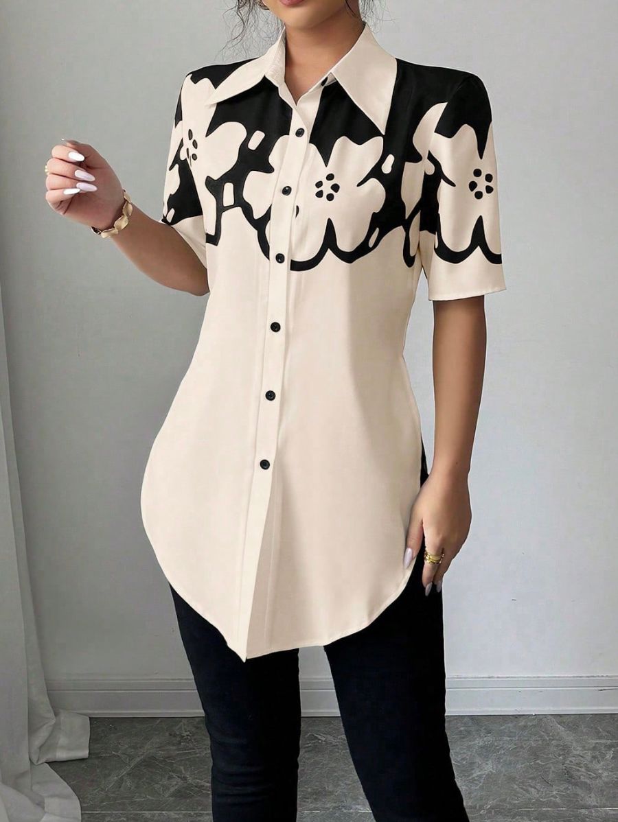 CAMISA CON FLORAL BLANCO Y NEGRO Camisa 02 Florebele Beige S