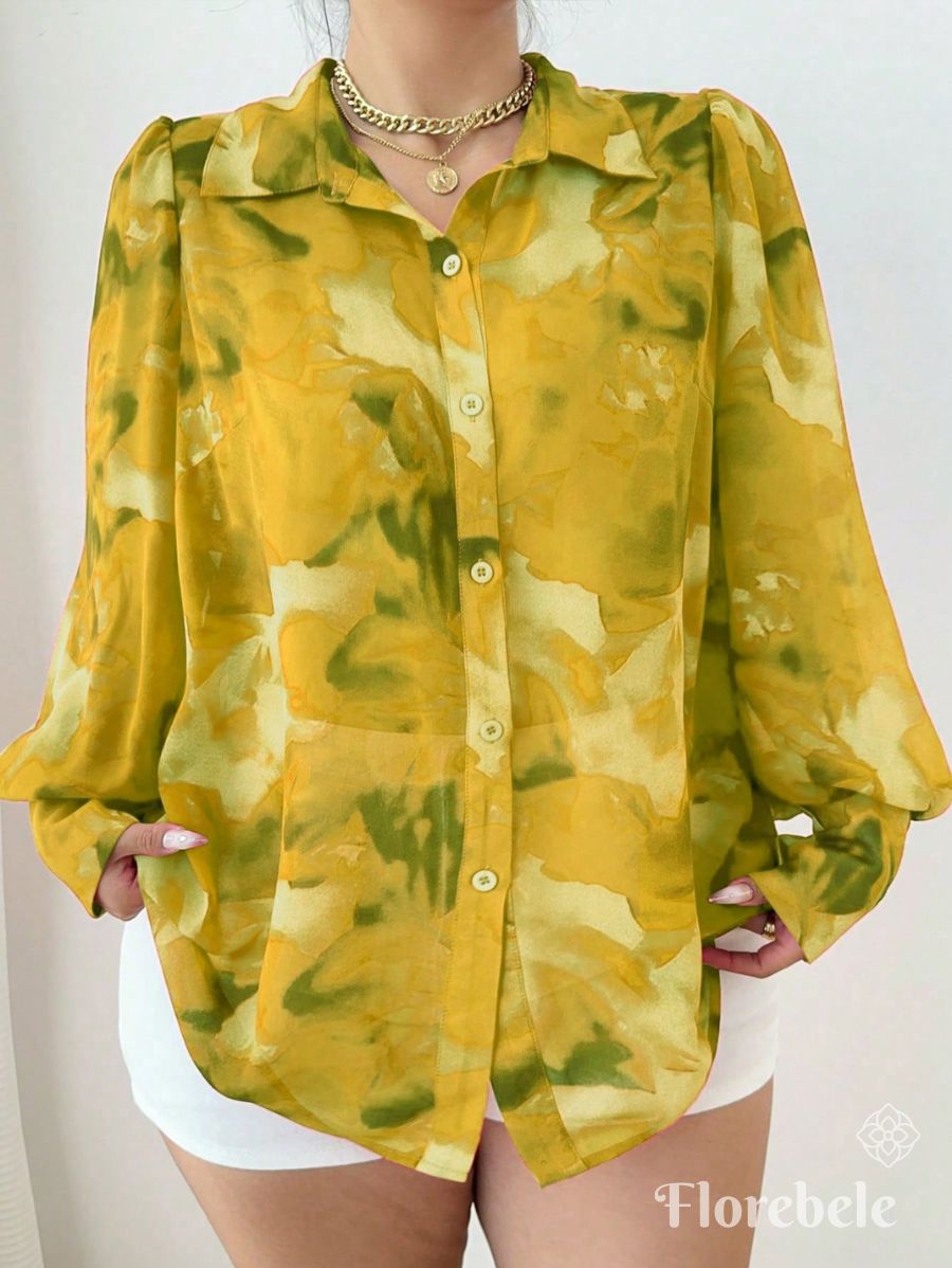 CAMISA ESTAMPADA CON MANGAS FAROL Camisa Plus Size 08 Florebele Amarillo 0XL
