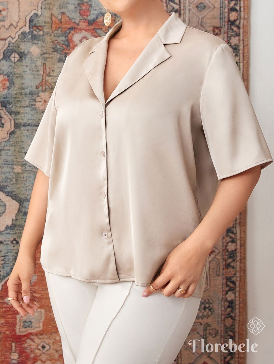 CAMISA SATINADA MANGA CORTA Camisa Plus Size 07 Florebele Beige 0XL