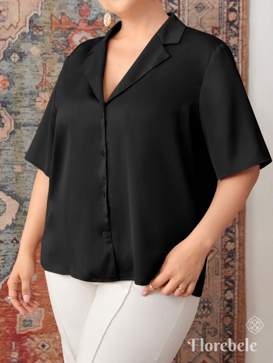 CAMISA SATINADA MANGA CORTA Camisa Plus Size 07 Florebele Negro 0XL