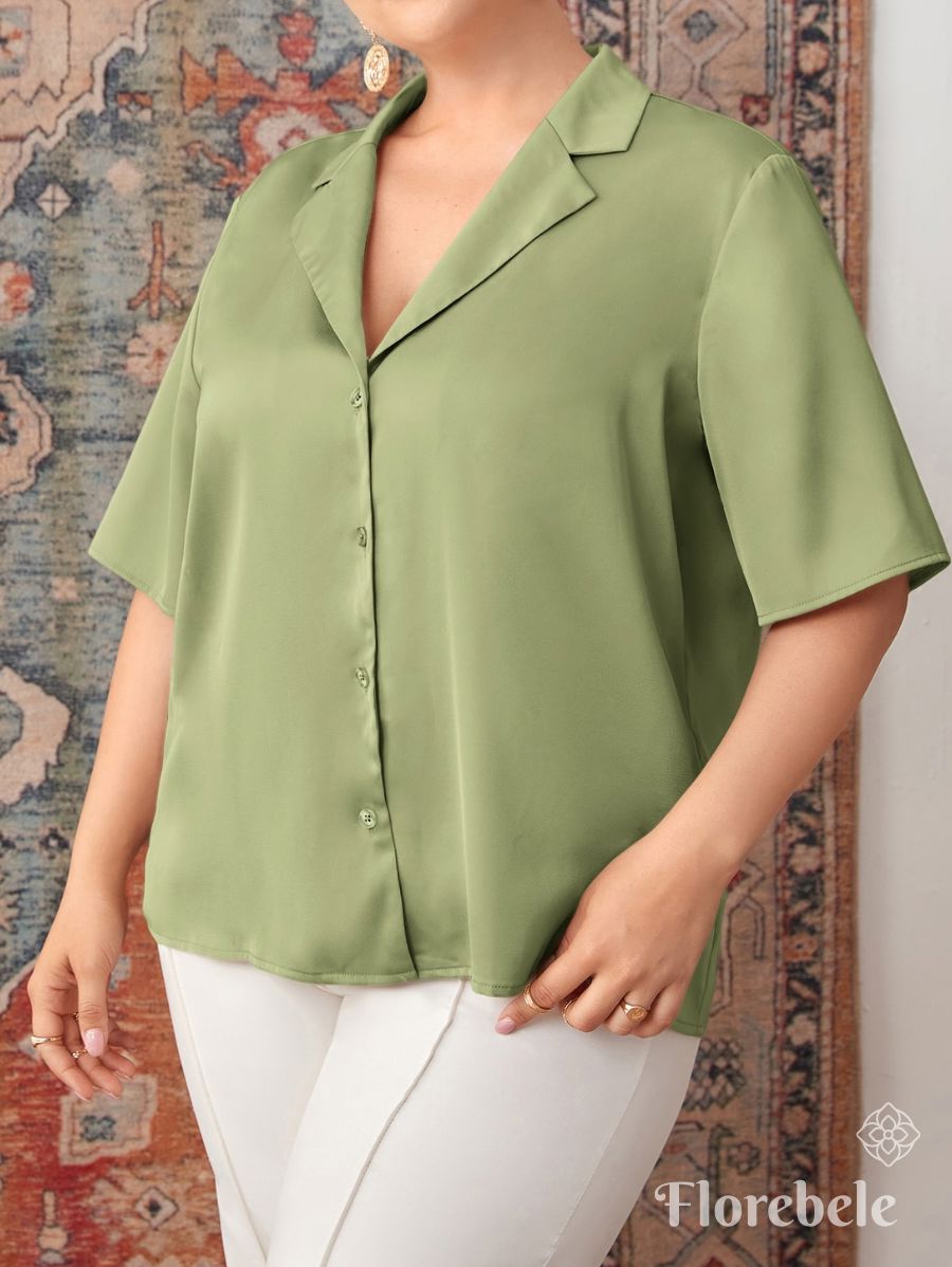 CAMISA SATINADA MANGA CORTA Camisa Plus Size 07 Florebele Verde 0XL