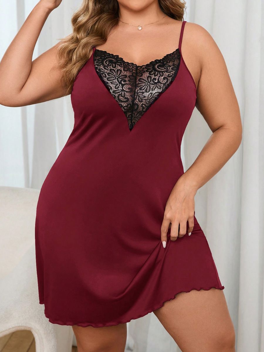 CAMISÓN CON ESCOTE DE ENCAJE Camisón Plus Size 07 Florebele Bordo 1XL