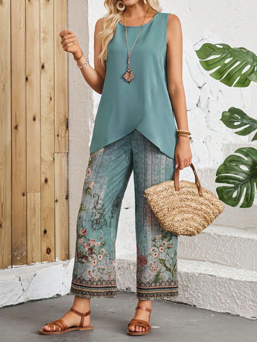 CONJUNTO CON BLUSA ASIMÉTRICA Y PANTALÓN ESTAMPADO Conjunto 07 Florebele