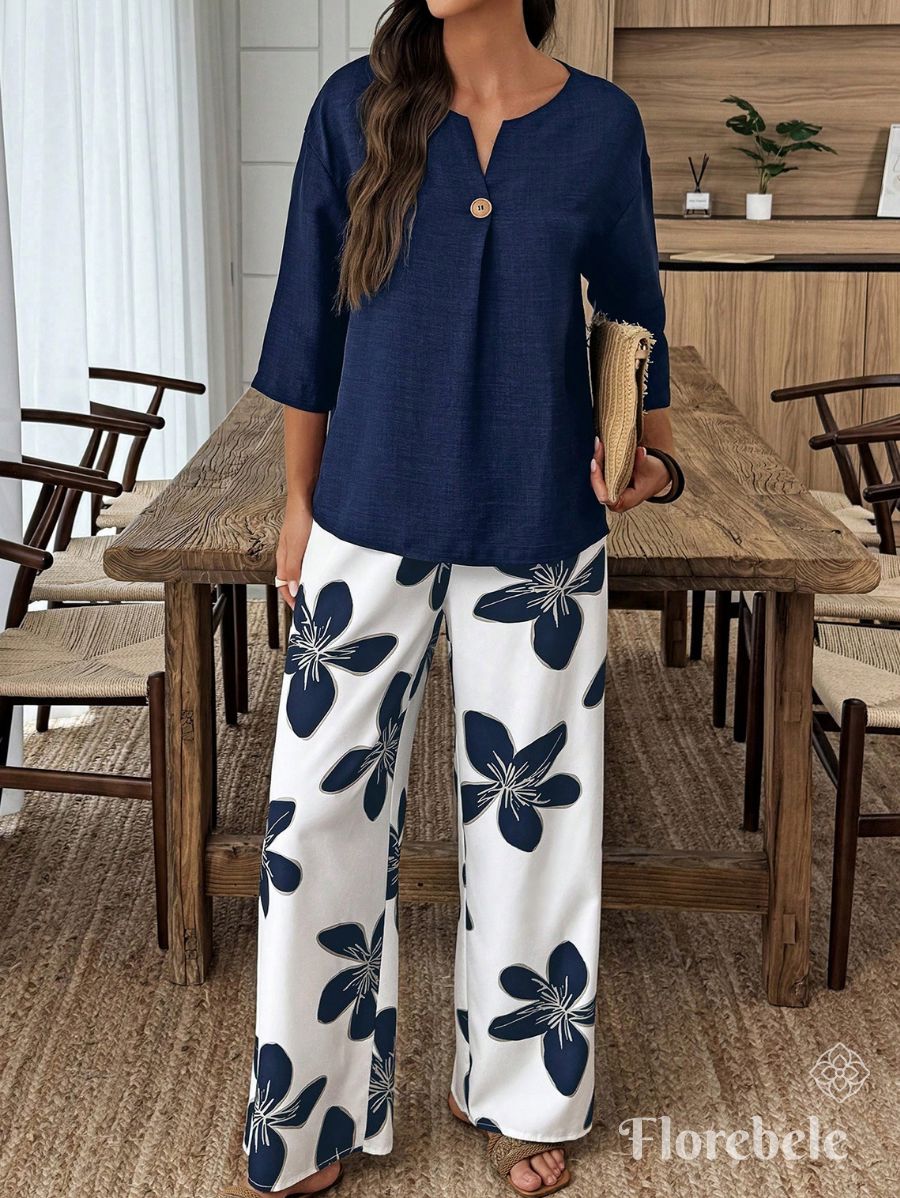 CONJUNTO CON BOTON Y ESTAMPADO FLORAL Conjunto 06 Florebele Azul S