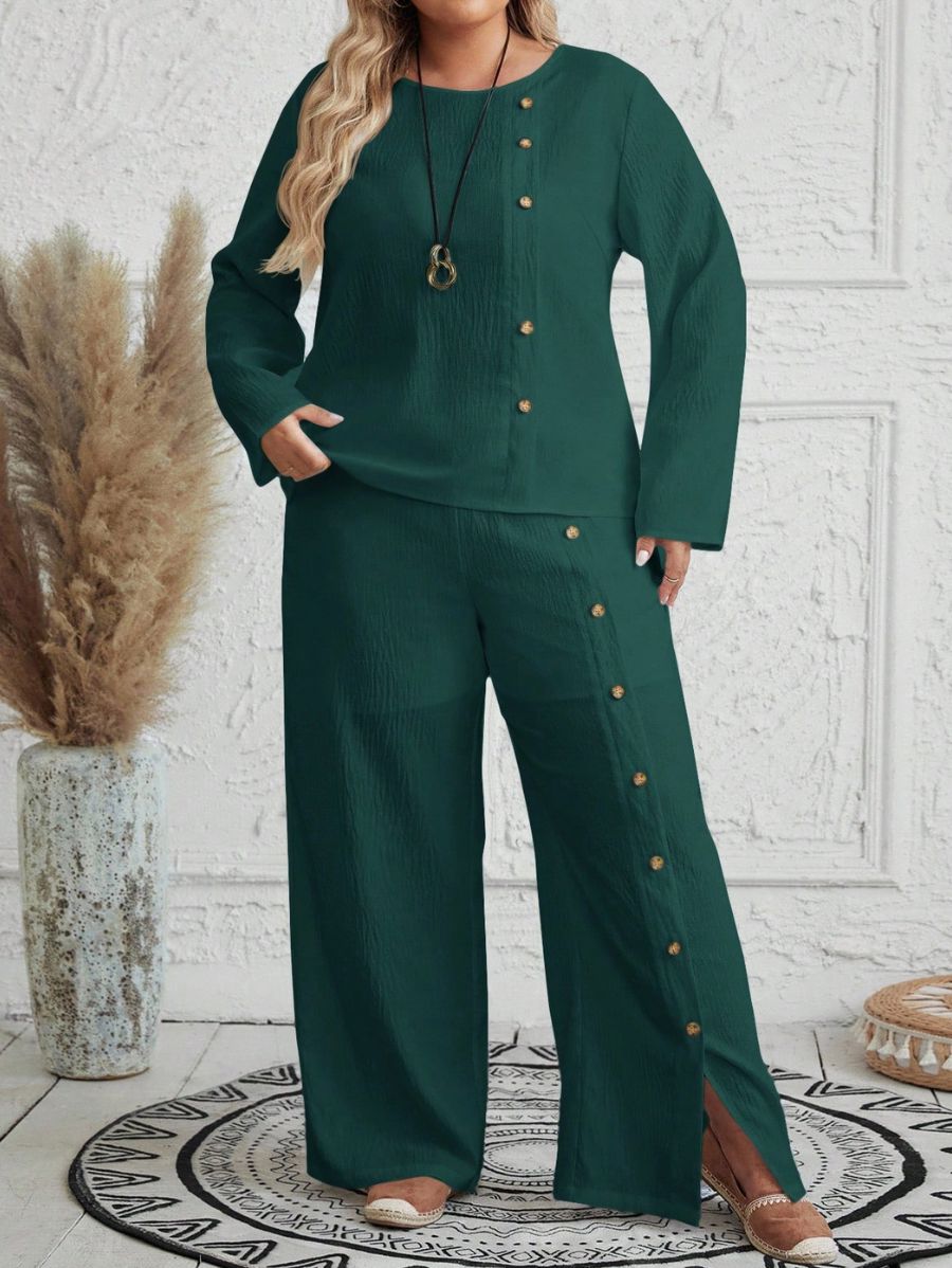 CONJUNTO CON DETALLE DE BOTONES Conjunto Plus Size 07 Florebele Verde 0XL