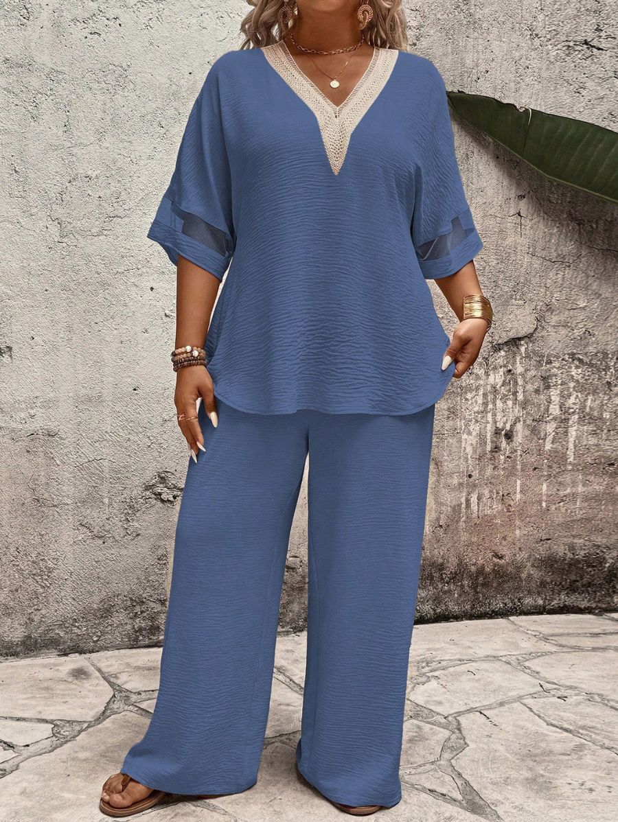 CONJUNTO CON ESCOTE EN V Y TRANSPARENCIA Conjunto Plus Size 02 Florebele Azul 0XL