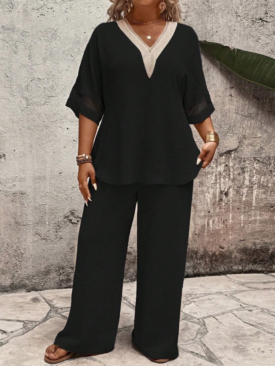 CONJUNTO CON ESCOTE EN V Y TRANSPARENCIA Conjunto Plus Size 02 Florebele Negro 0XL