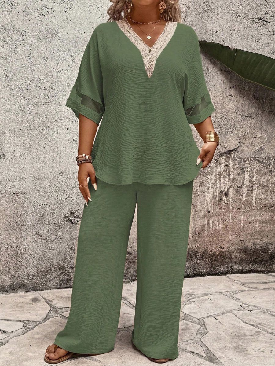 CONJUNTO CON ESCOTE EN V Y TRANSPARENCIA Conjunto Plus Size 02 Florebele Verde 0XL