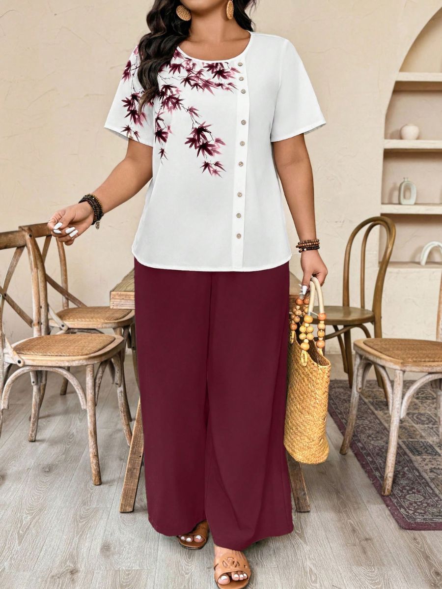 CONJUNTO CON ESTAMPADO DE PLANTAS Y BOTONES Conjunto Plus Size 14 Florebele Bordo 0XL