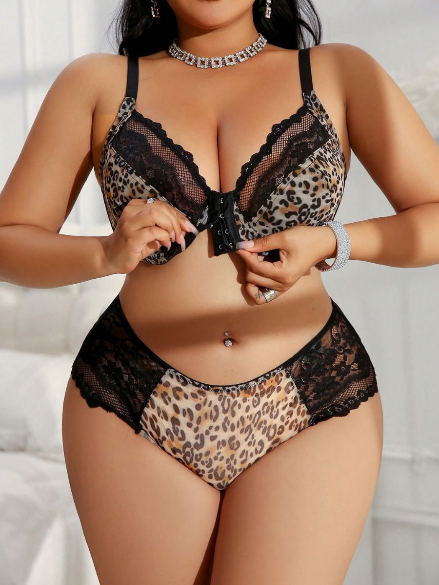 CONJUNTO CON ESTAMPADO LEOPARDO Y CIERRE DELANTERO Lencería Plus Size 04 Florebele