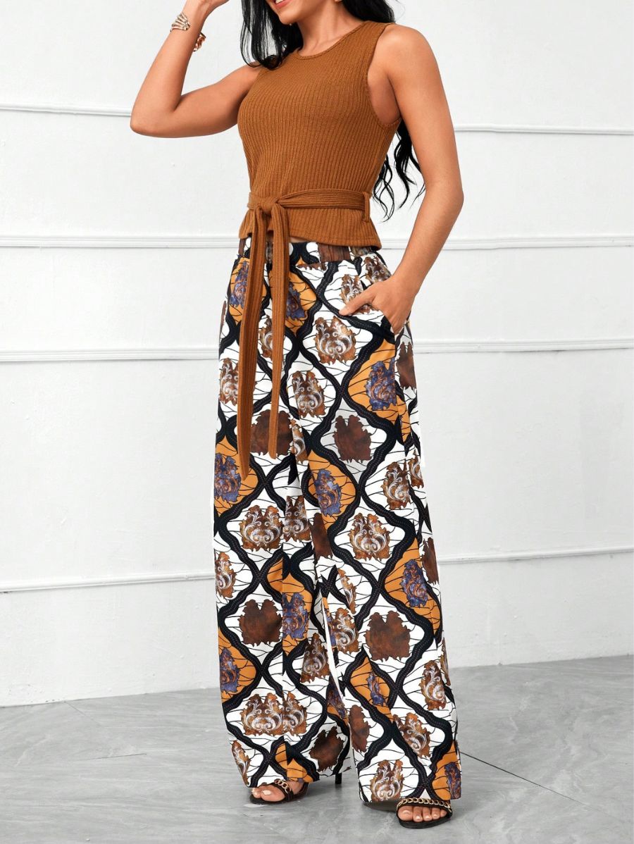 CONJUNTO CON LAZO Y PANTALÓN ESTAMPADO Conjunto 03 Florebele