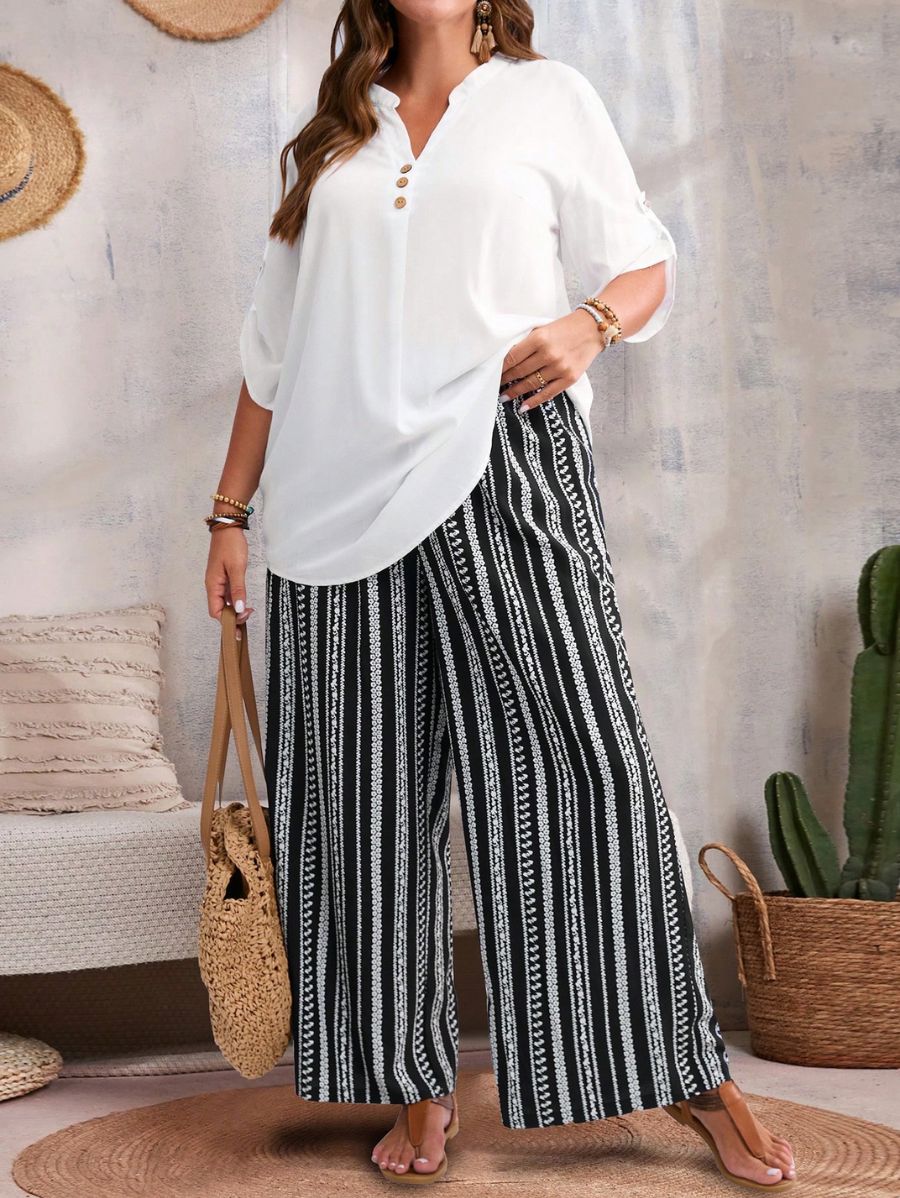 CONJUNTO CON PANTALÓN A RAYAS Conjunto Plus Size 01 Florebele