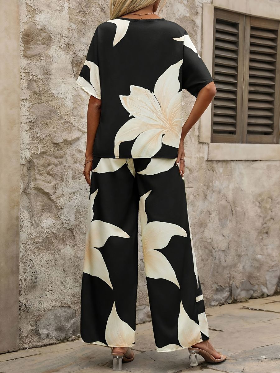 CONJUNTO DE BLUSA MANGA CORTA CON ESTAMPADO FLORAL Conjunto 05 Florebele