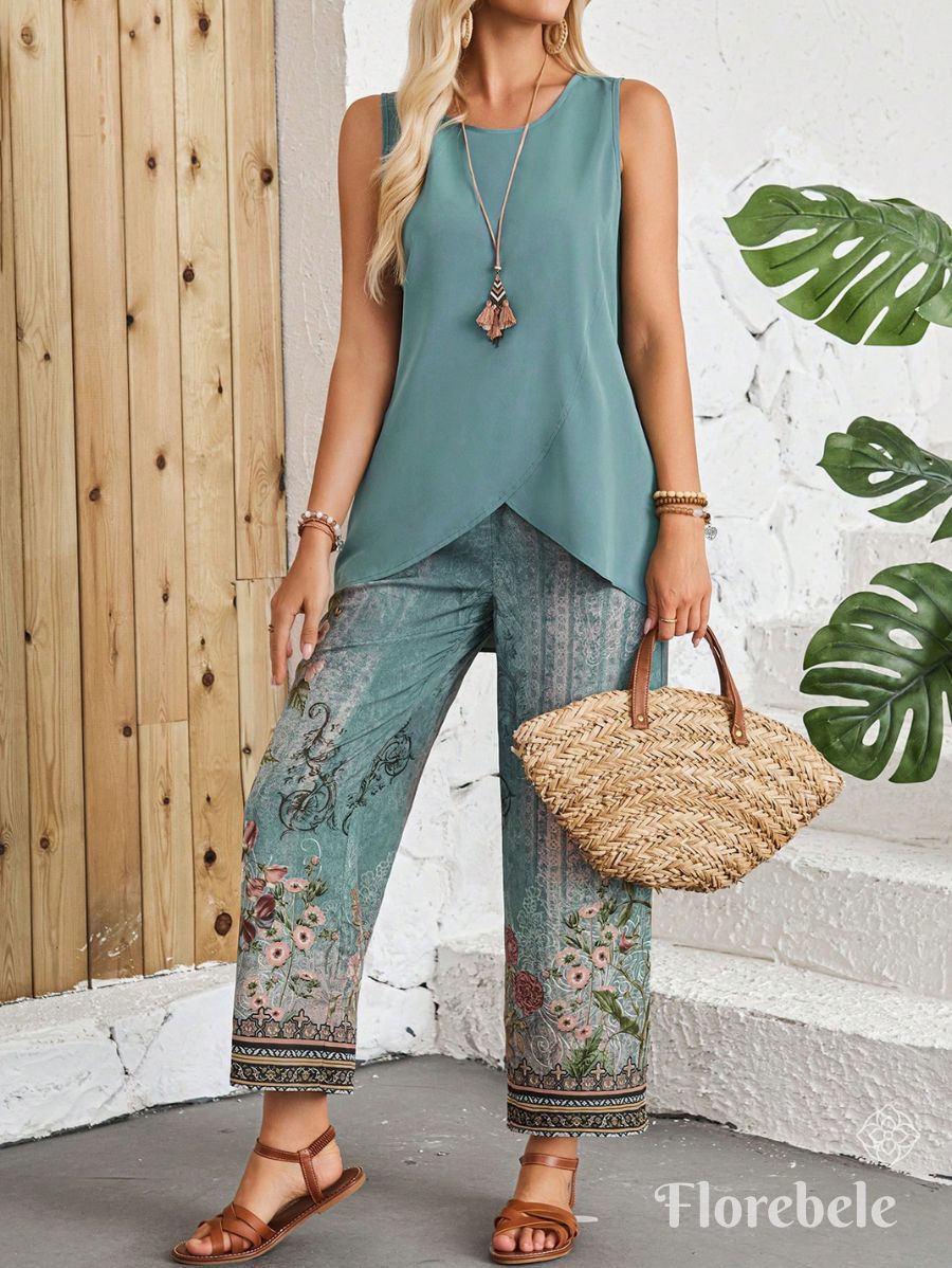 CONJUNTO ESTAMPADO CON BLUSA ASIMÉTRICA Conjunto 05 Florebele