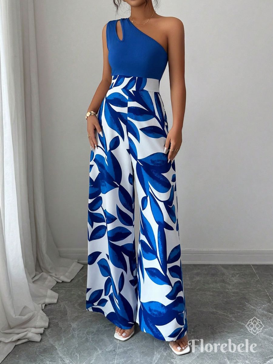 ENTERITO DE UN HOMBRO CON ESTAMPADO DE HOJAS Enterito 04 Florebele Azul S