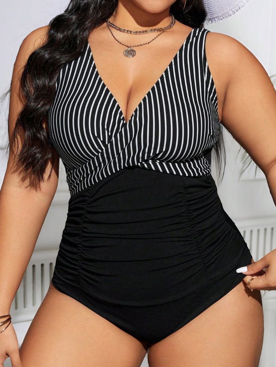 ENTERIZA CON ESTAMPADO A RAYAS CRUZADO Enteriza Plus Size 03 Florebele