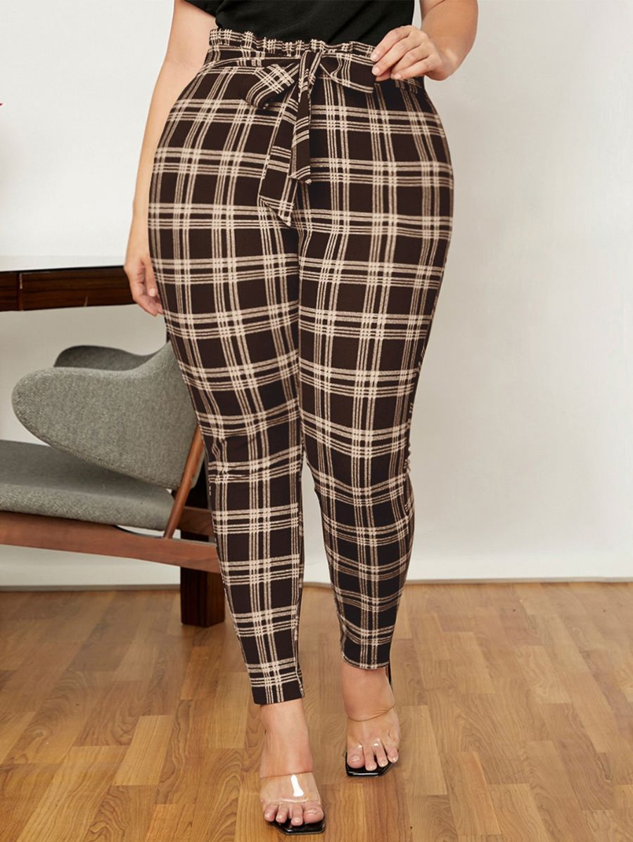 PANTALÓN A CUADROS CON LAZO Pantalón Plus Size 08 Florebele Marrón 1XL