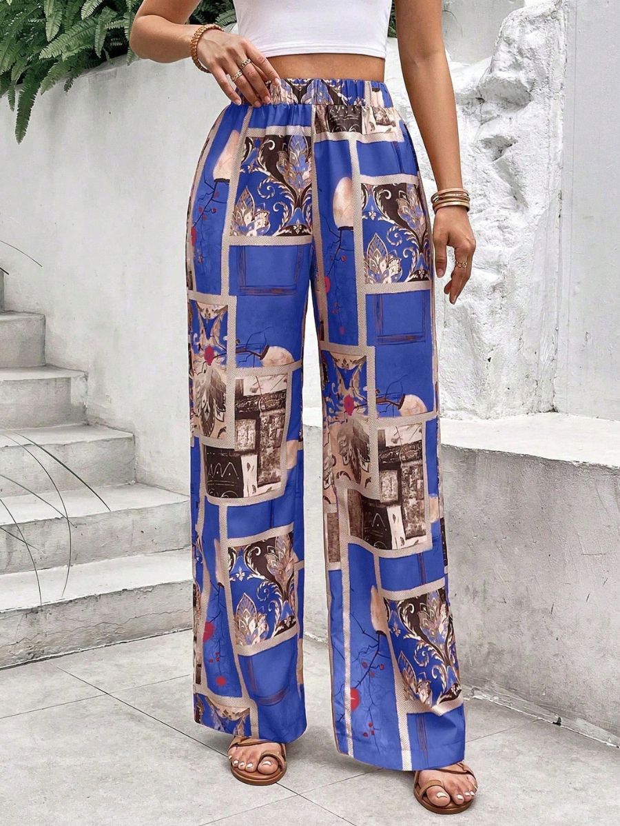 PANTALÓN CON CINTURA ELÁSTICA ESTAMPADO Pantalón 28 Florebele Azul XS