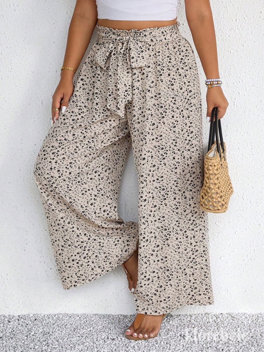 PANTALÓN CON ESTAMPADO FLORAL Y LAZO Pantalón Plus Size 07 Florebele