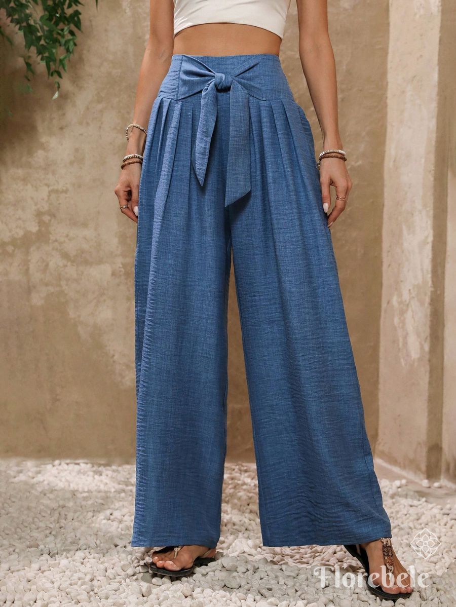 PANTALÓN CON LAZO DE PIERNA ANCHA Pantalón 09 Florebele Azul S