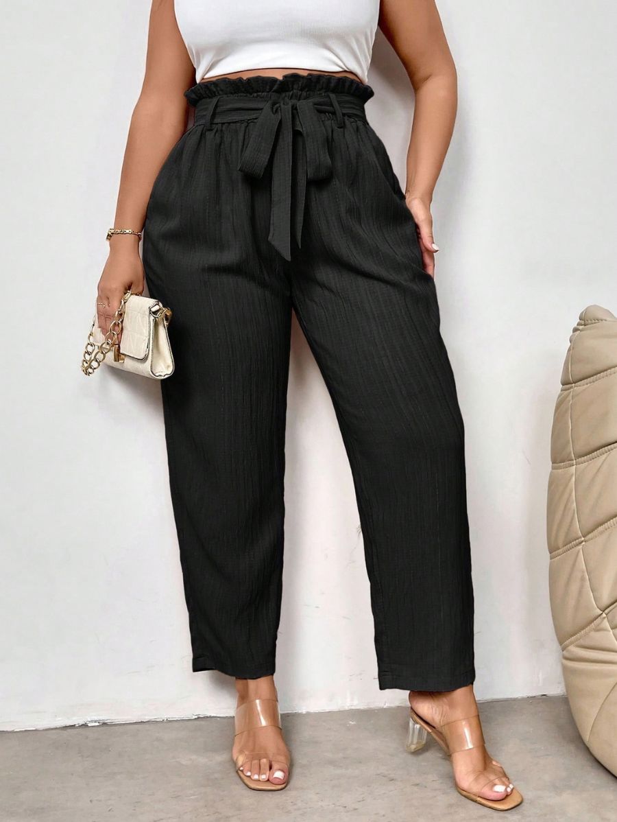 PANTALÓN CON LAZO UNICOLOR Pantalón Plus Size 12 Florebele Negro 0XL