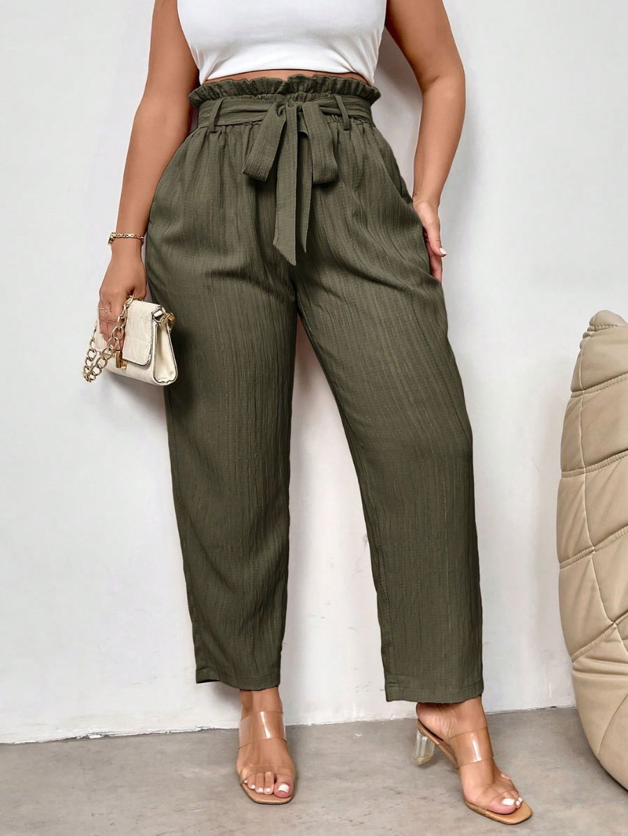 PANTALÓN CON LAZO UNICOLOR Pantalón Plus Size 12 Florebele Verde 0XL