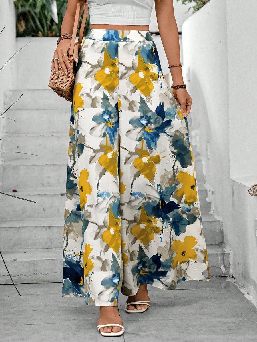 PANTALÓN DE PIERNA ANCHA CON ESTAMPADO FLORAL Pantalón 32 Florebele