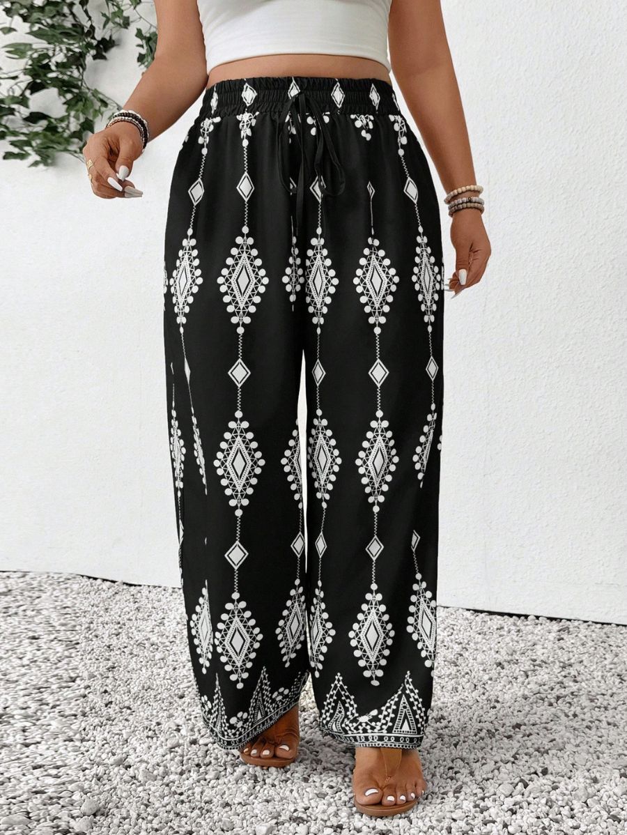 PANTALÓN ESTAMPADO CON CINTURA ELÁSTICA Pantalón Plus Size 11 Florebele Negro 0XL