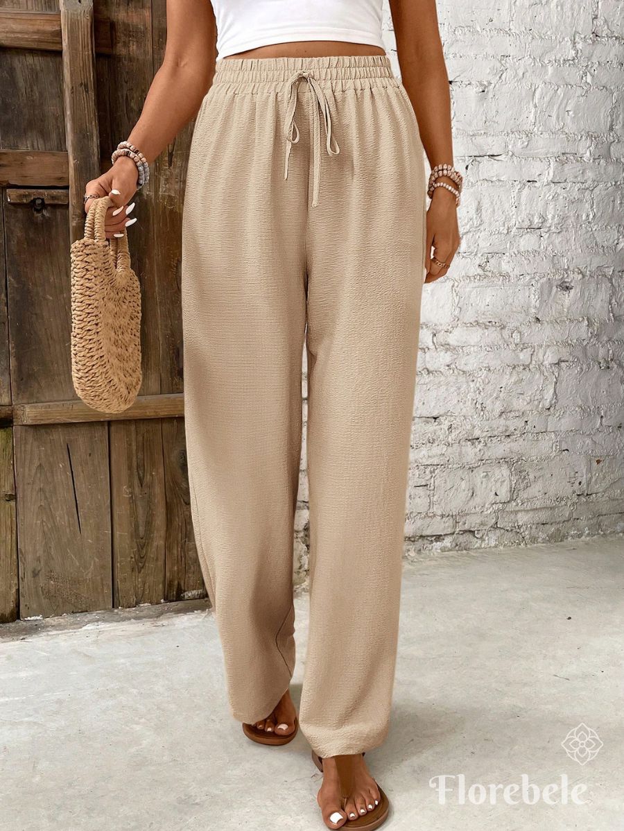 PANTALÓN UNICOLOR CON CINTURA ELÁSTICA Pantalón 10 Florebele Beige XS